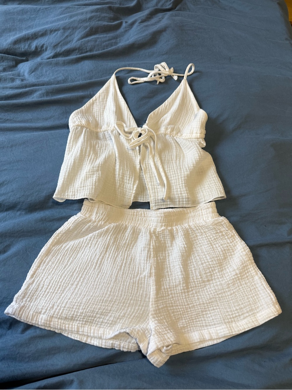 White Gauze Halter Top & Shorts 2 Piece Set Size S